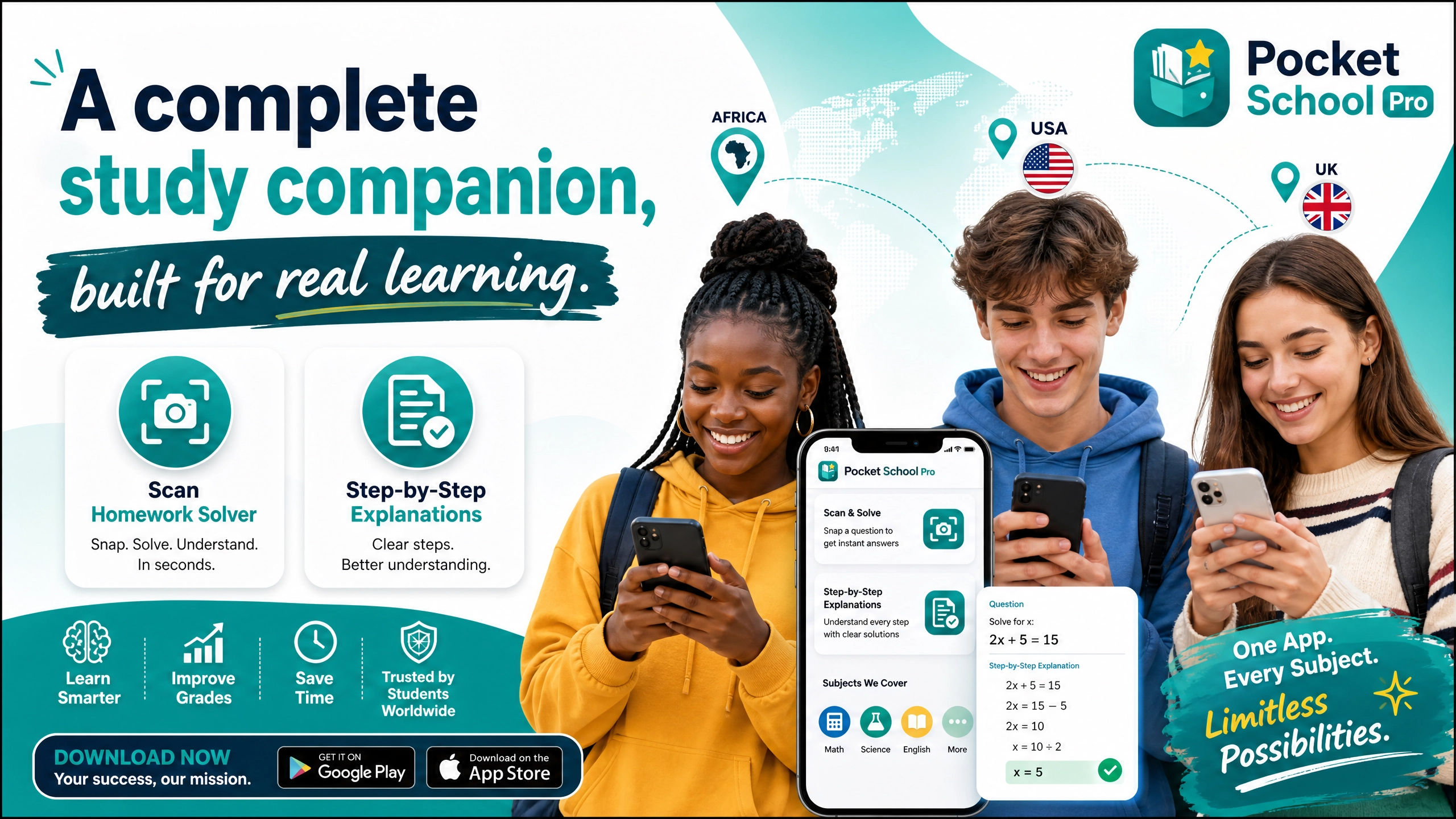 Pocket School Pro AI homework tutor scanning a question and showing step-by-step solution